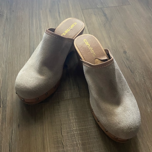 Vintage Candies Beige Platform Clogs Mules Heels Slides Shoes Wood Suede 7.5 - Picture 1 of 7